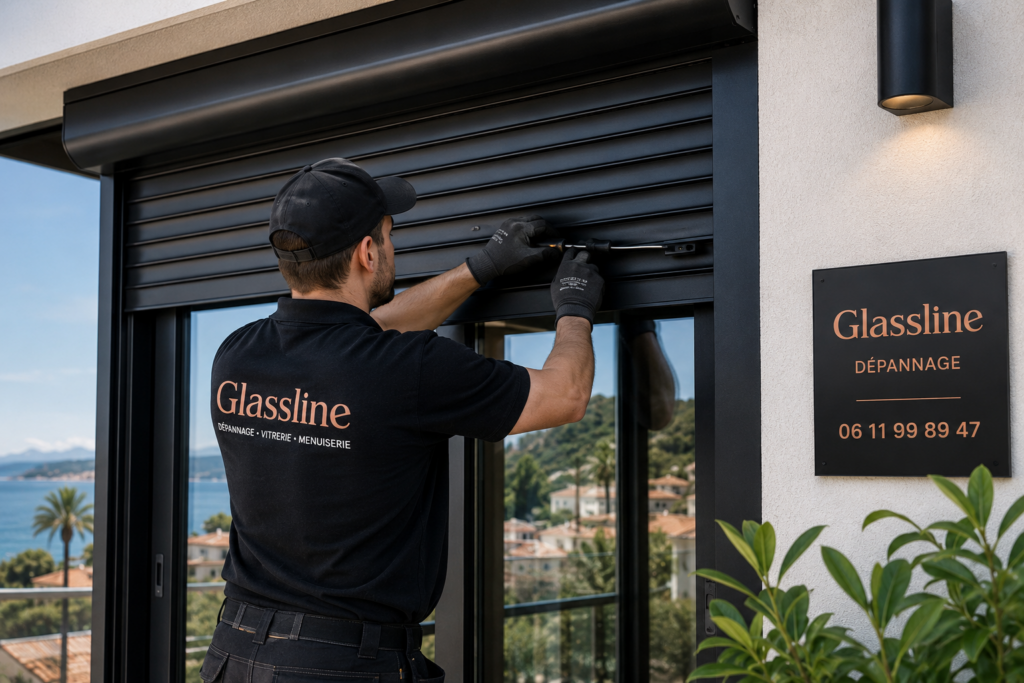 Technicien Glassline intervenant sur un volet roulant bloqué à Cannes