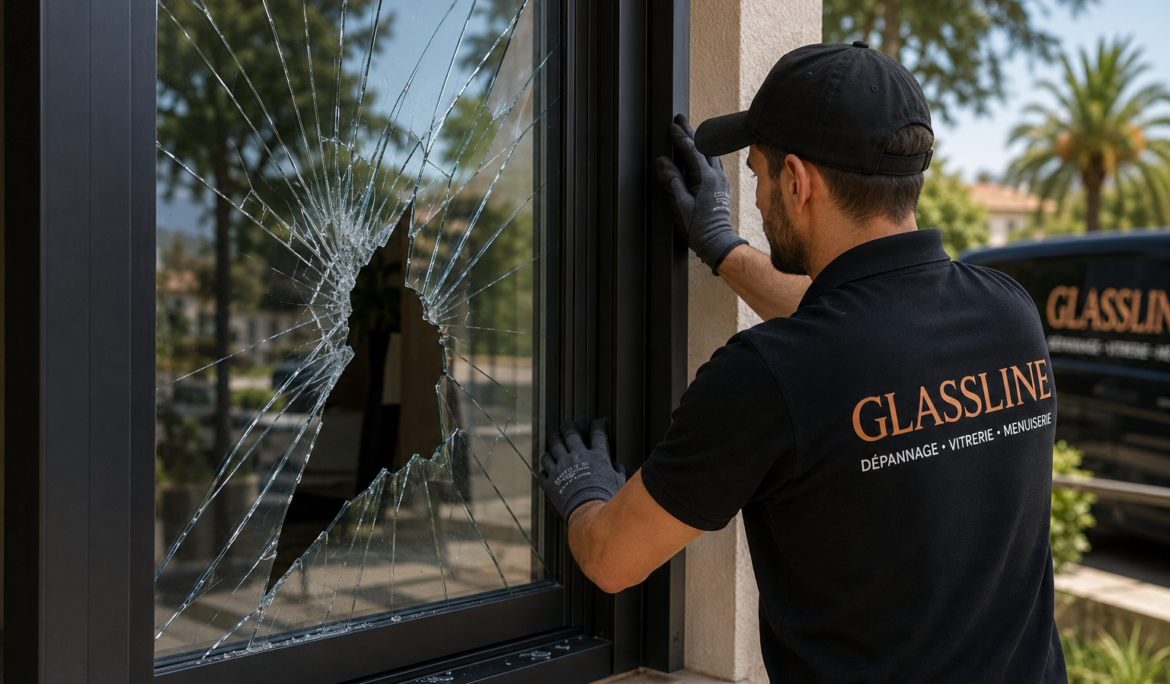 Vitre cassée nécessitant une intervention de dépannage vitrerie à Cannes