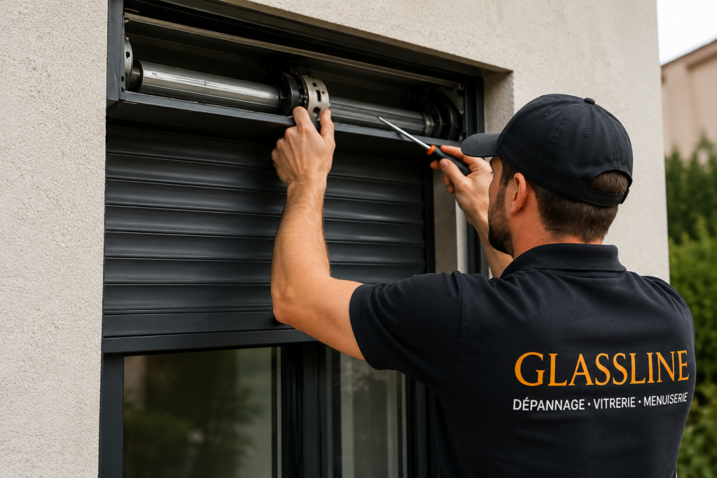 Technicien Glassline réparant un volet roulant électrique bloqué à Cannes