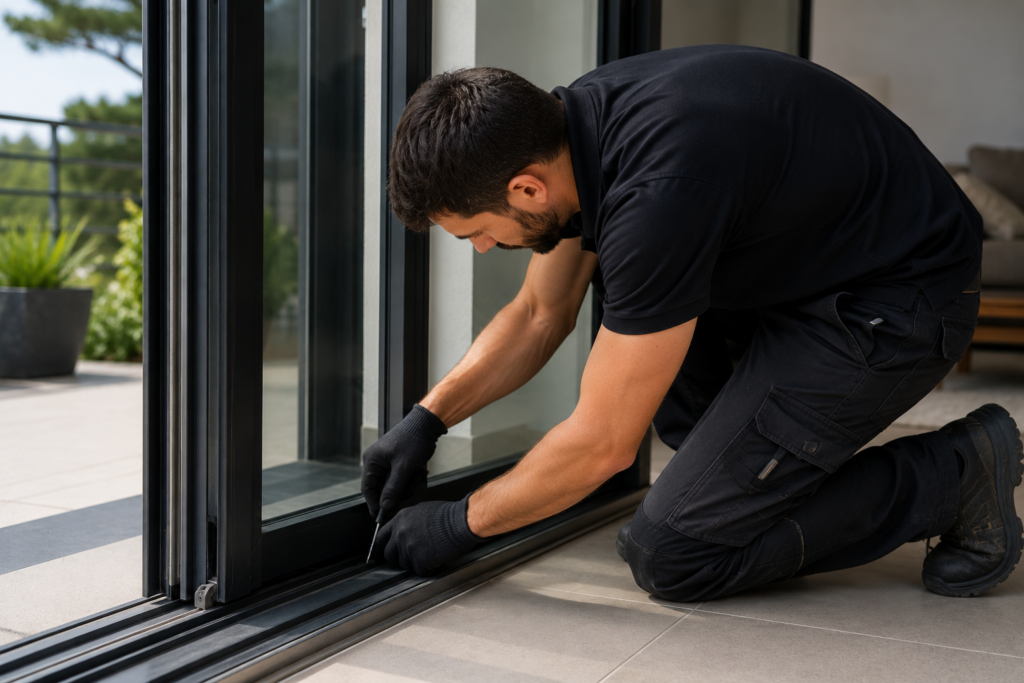 Technicien Glassline réparant une porte-fenêtre aluminium bloquée à Cannes