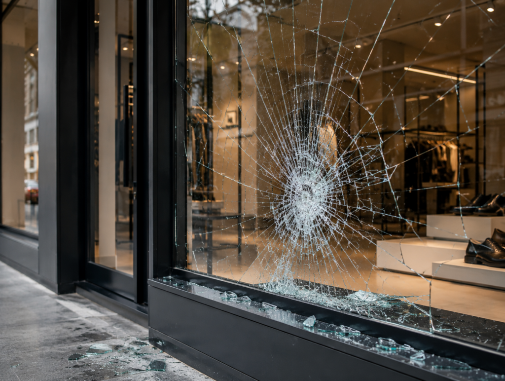 Vitrine de magasin endommagée nécessitant une intervention rapide