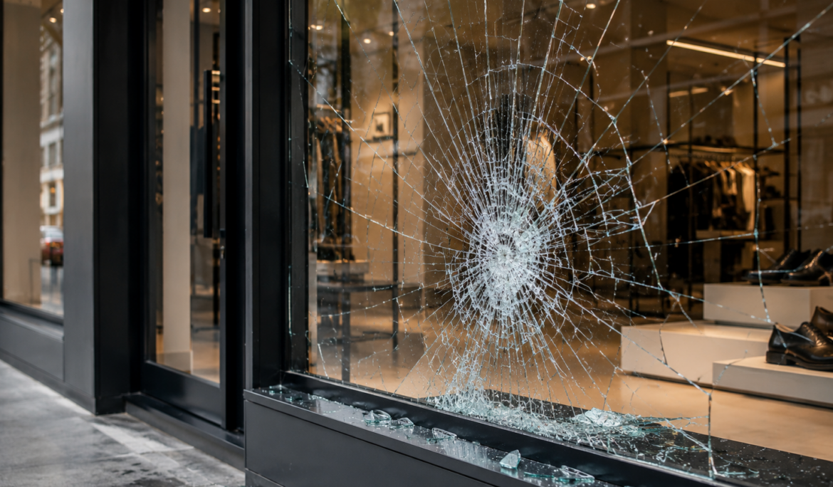 Vitrine de magasin endommagée nécessitant une intervention rapide