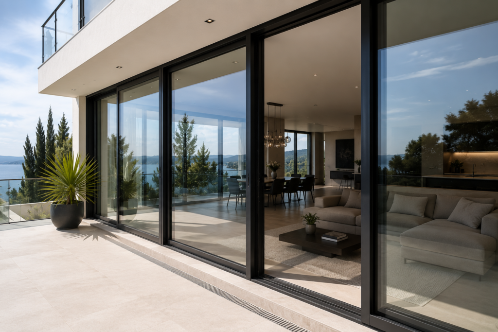 Villa contemporaine équipée de grandes baies vitrées aluminium noires