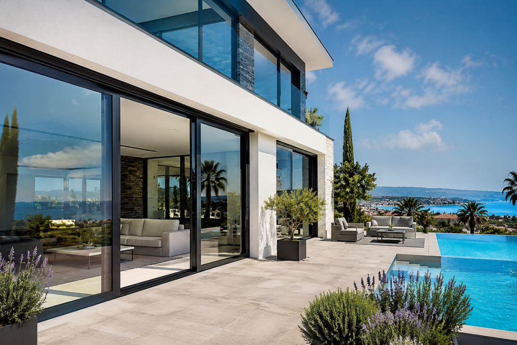 Maison moderne équipée de grandes baies vitrées et fenêtres aluminium