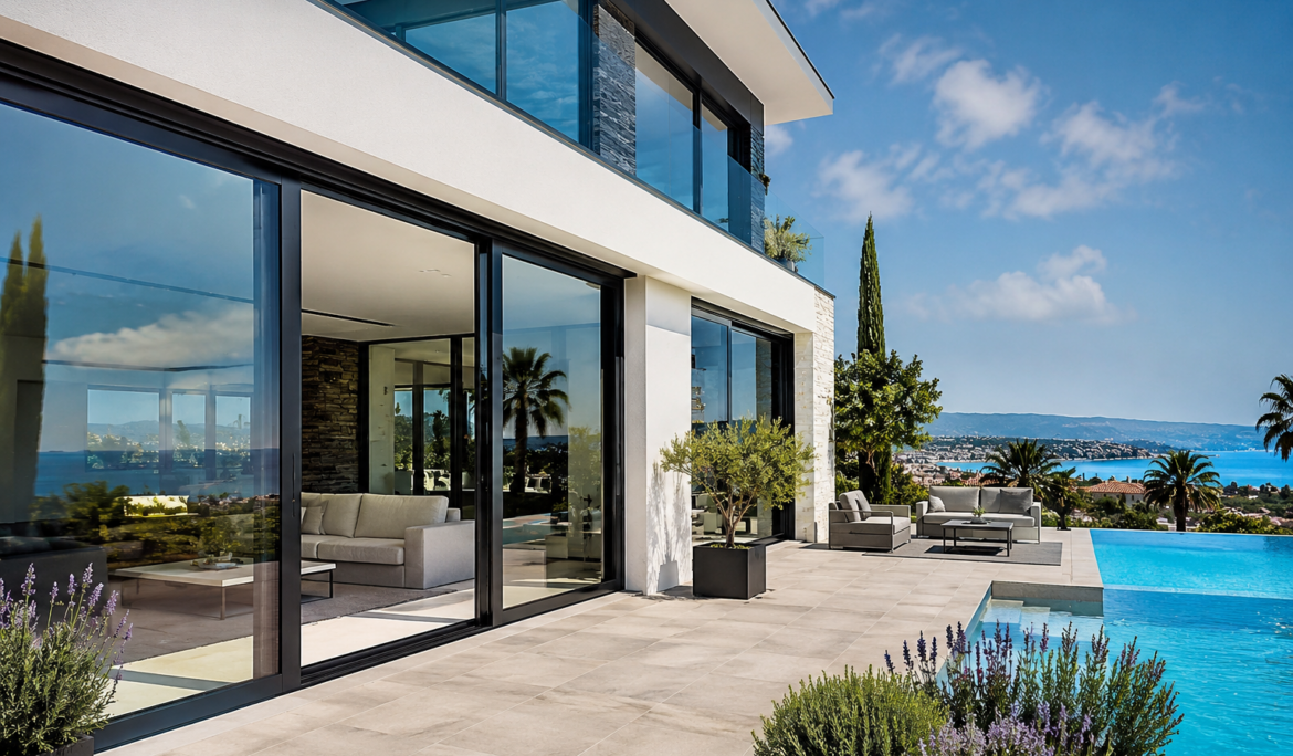 Maison moderne équipée de grandes baies vitrées et fenêtres aluminium