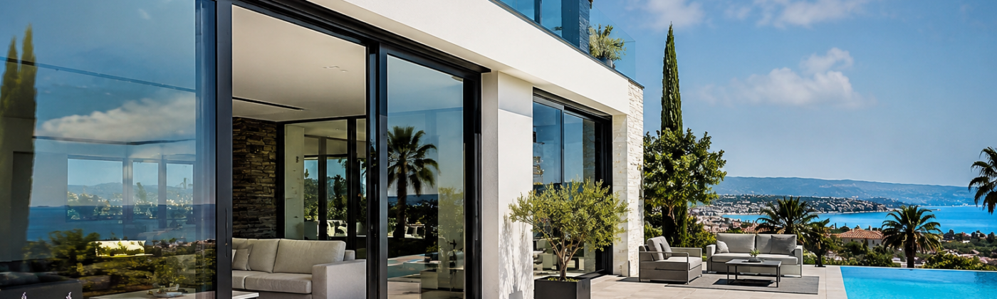 Maison moderne équipée de grandes baies vitrées et fenêtres aluminium