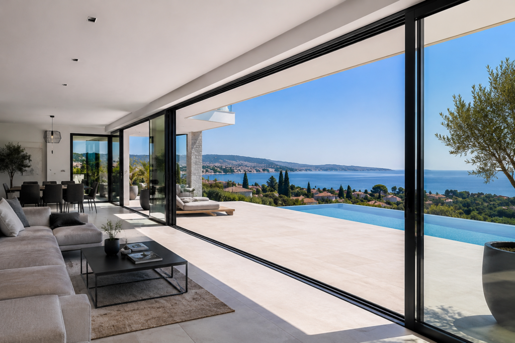 Villa moderne avec grande baie vitrée ouvrant sur une terrasse et une piscine