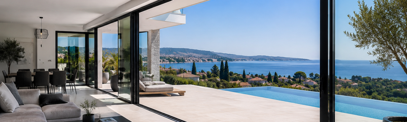 Villa moderne avec grande baie vitrée ouvrant sur une terrasse et une piscine