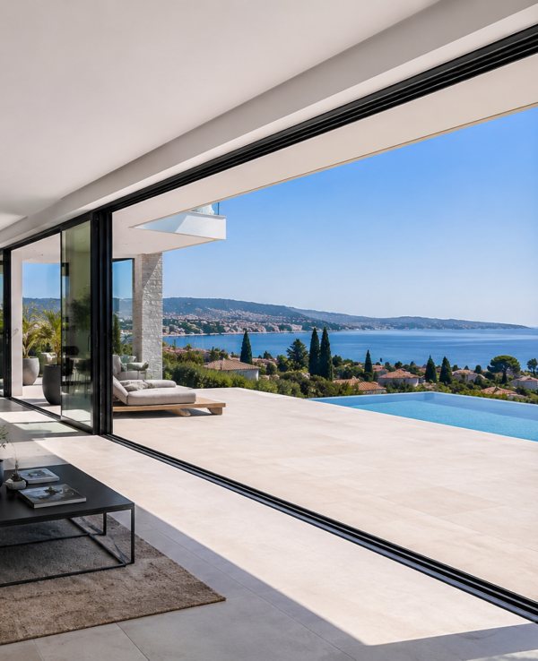 Villa moderne avec grande baie vitrée ouvrant sur une terrasse et une piscine