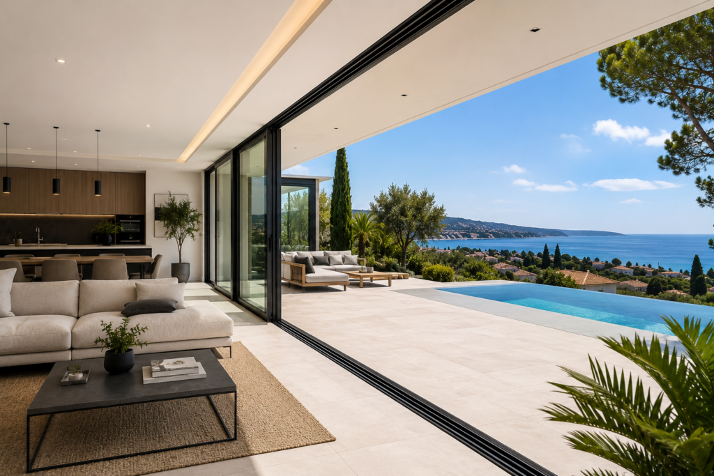 Grande baie vitrée reliant un salon contemporain à une terrasse avec piscine