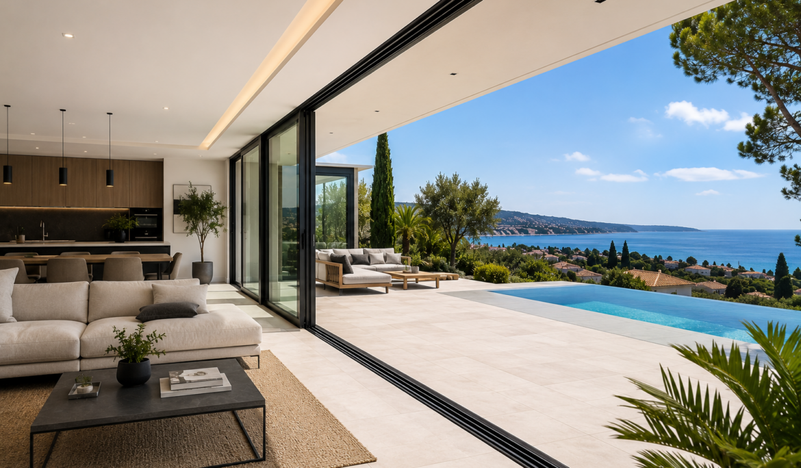 Grande baie vitrée reliant un salon contemporain à une terrasse avec piscine