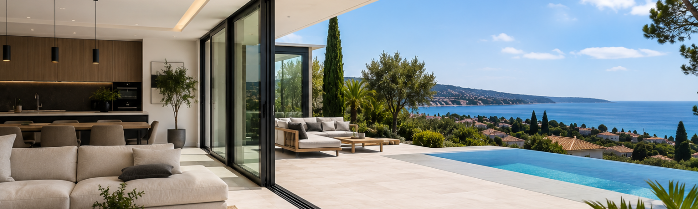 Grande baie vitrée reliant un salon contemporain à une terrasse avec piscine