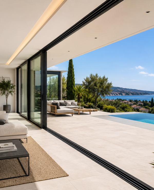 Grande baie vitrée reliant un salon contemporain à une terrasse avec piscine