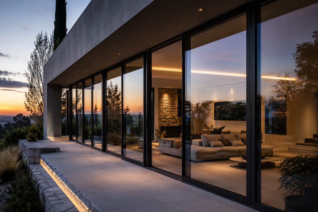 Grandes baies vitrées aluminium noires dans une villa contemporaine