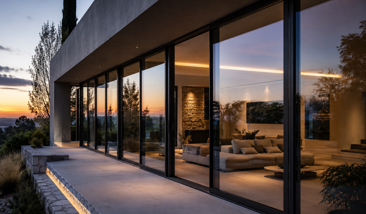 Grandes baies vitrées aluminium noires dans une villa contemporaine