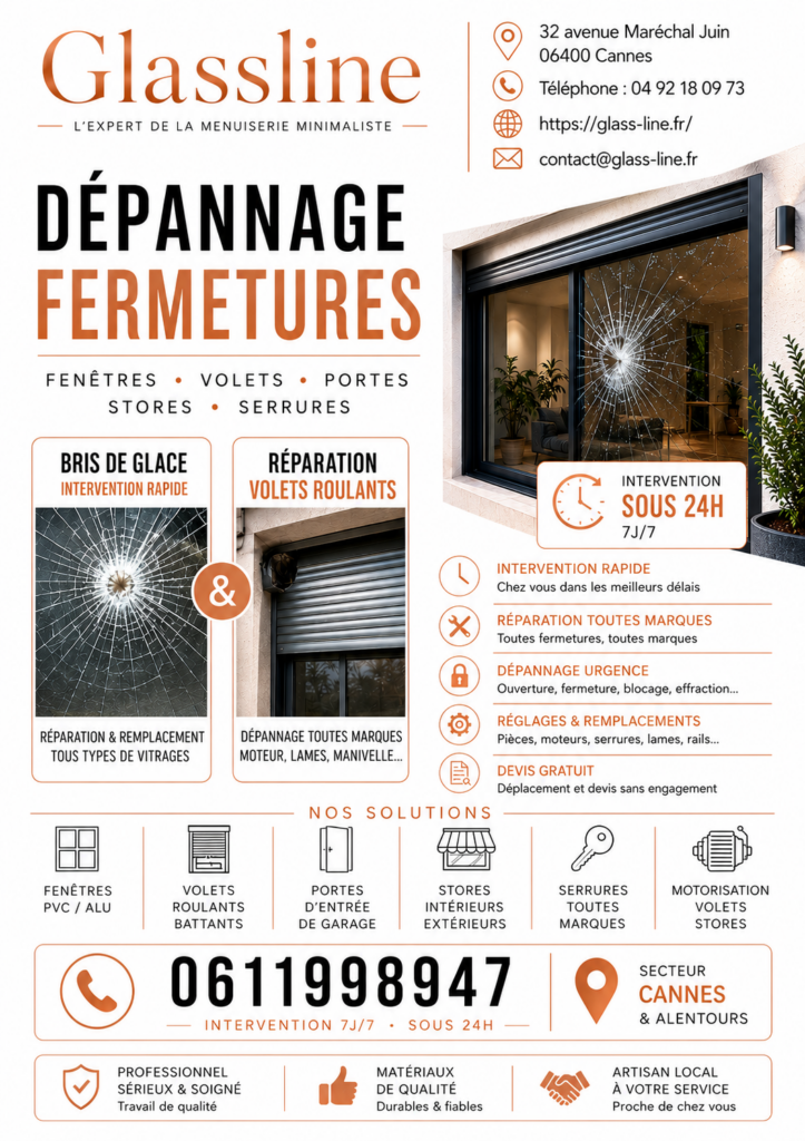 Intervention de dépannage vitrerie, volets roulants et stores à Cannes par Glassline